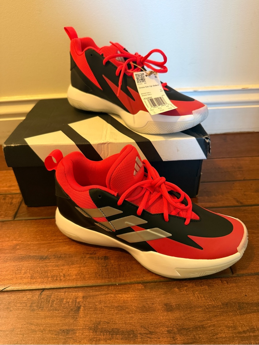 adidas Kids Red and Black Athletic Basketball Sneakers with Silver Stripes